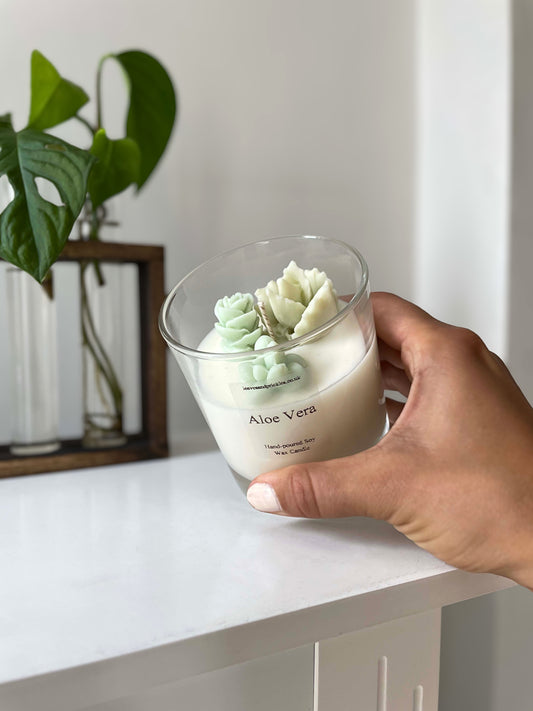 Cacti and succulent terrarium candle in glass jar aloe vera scent