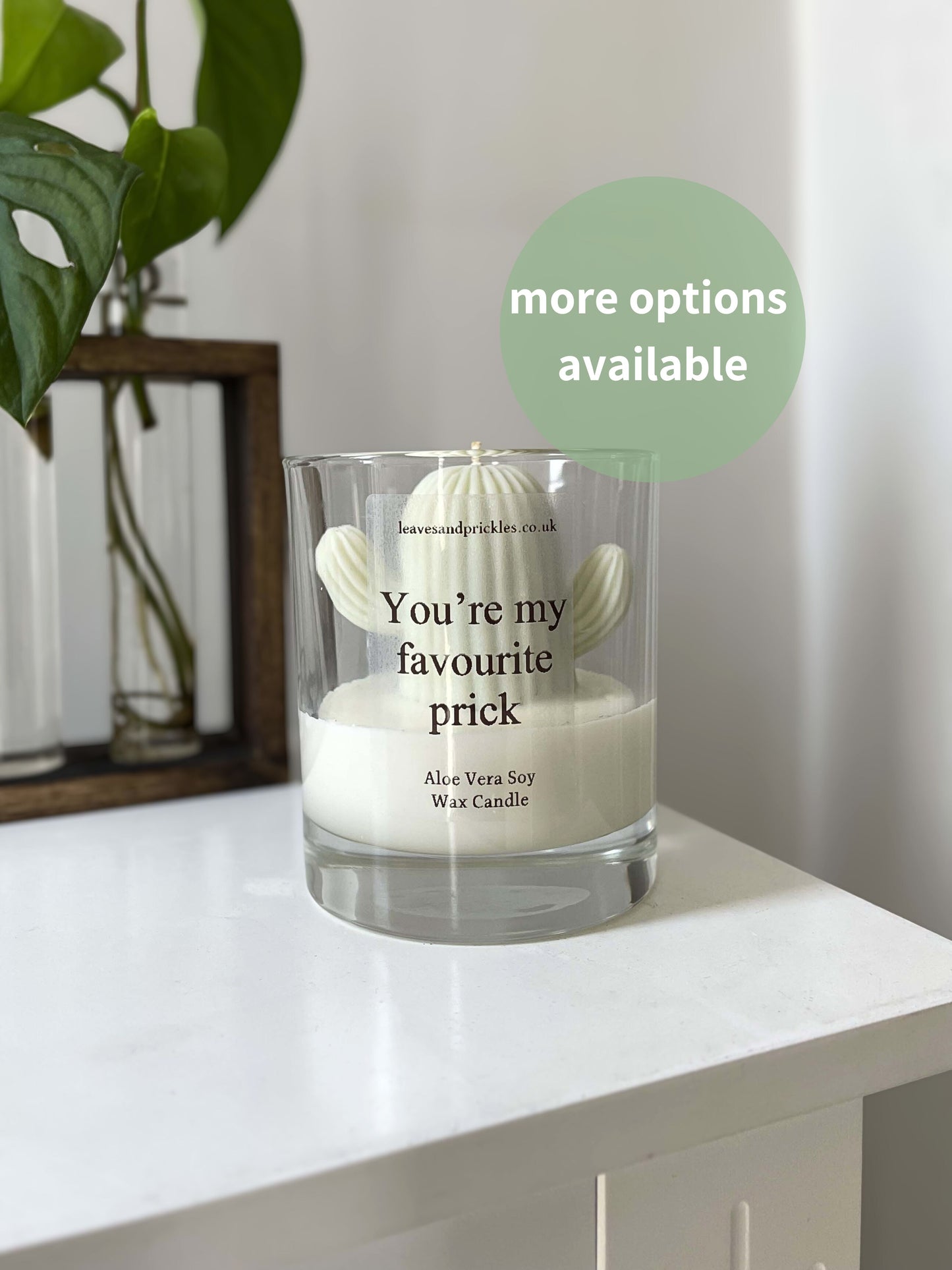 Funny green cactus candle in glass jar