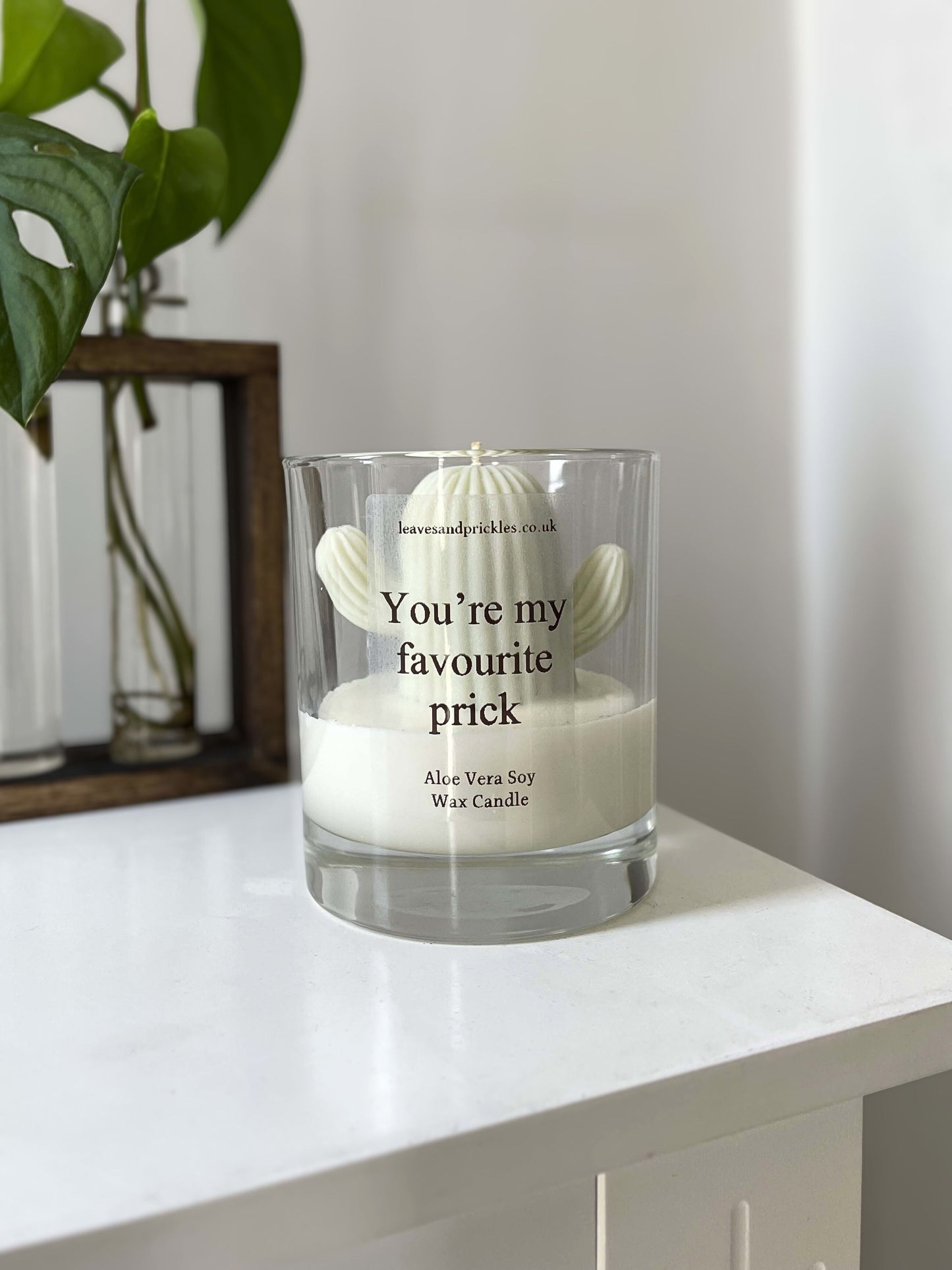 Funny green cactus candle in glass jar