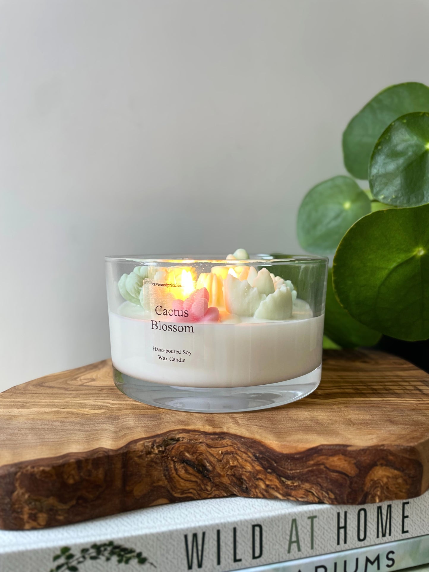 Large Three-Wick Cactus Blossom Candle Pink & Green Terrarium Design in Glass Jar