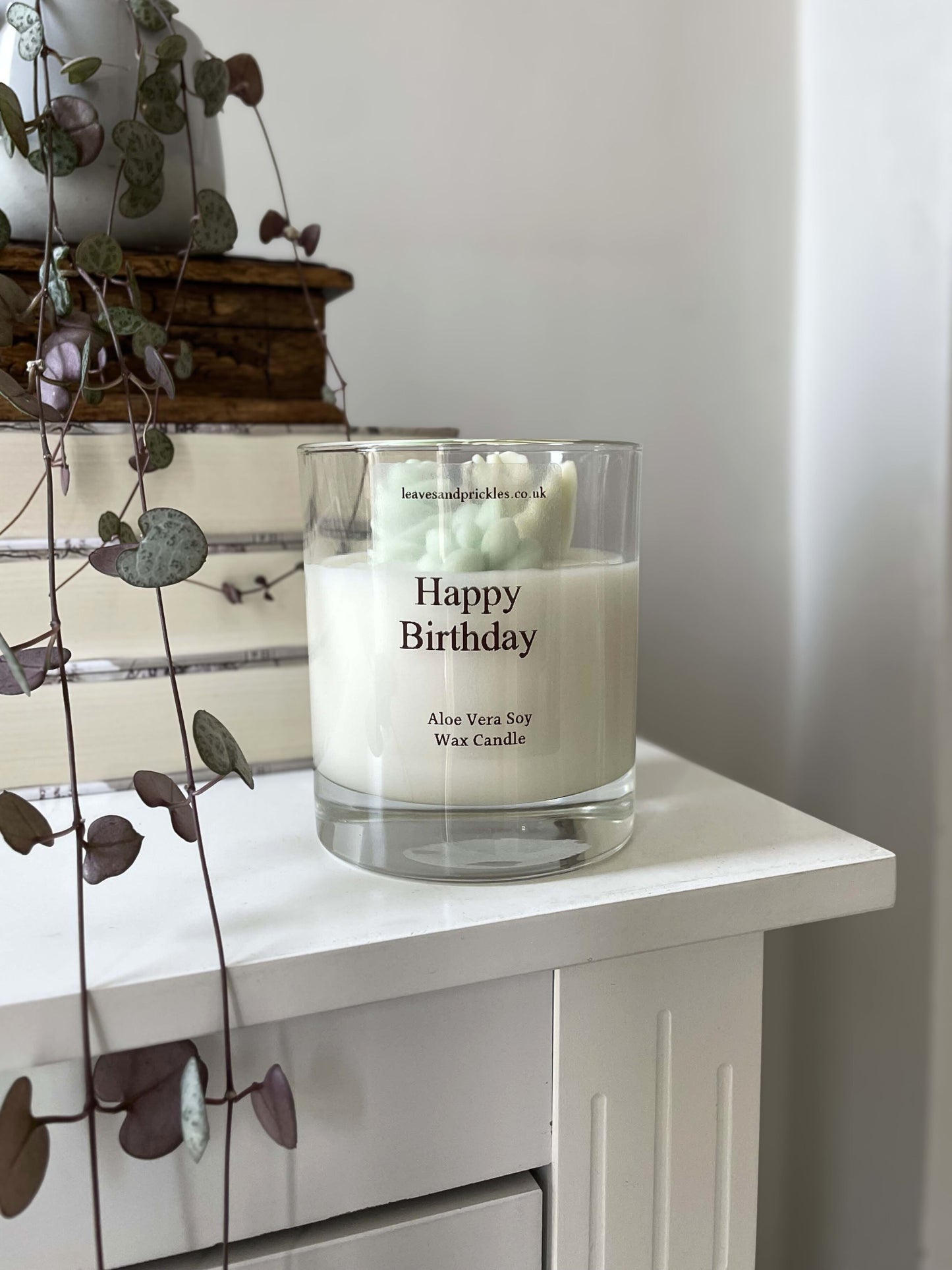 green birthday terrarium candle in glass jar