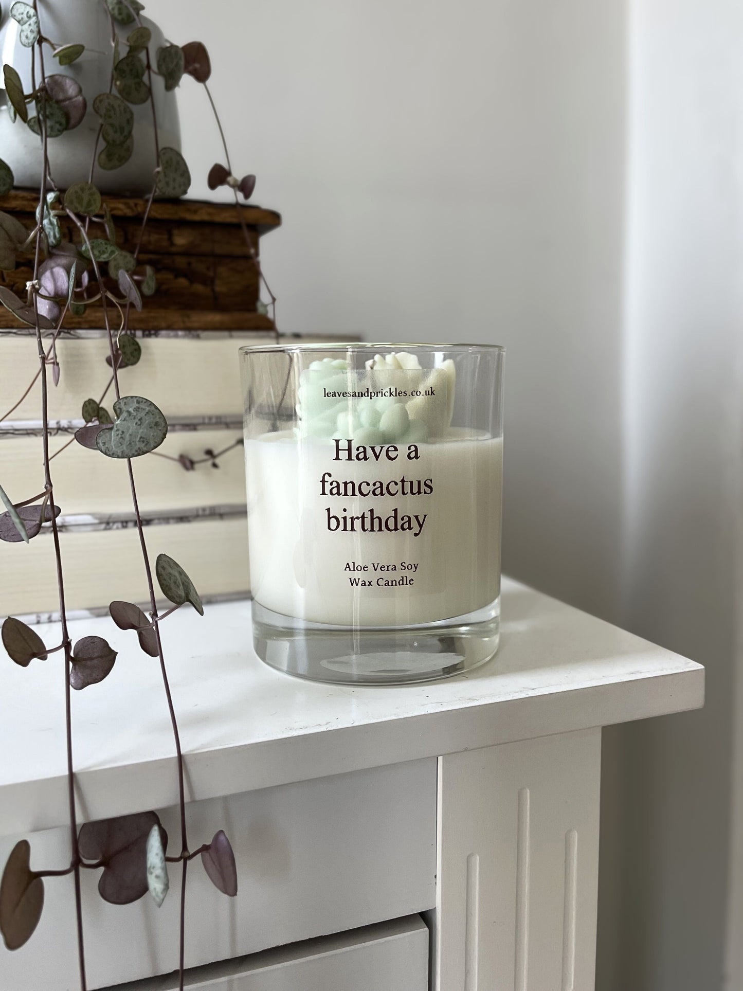 green birthday terrarium candle in glass jar