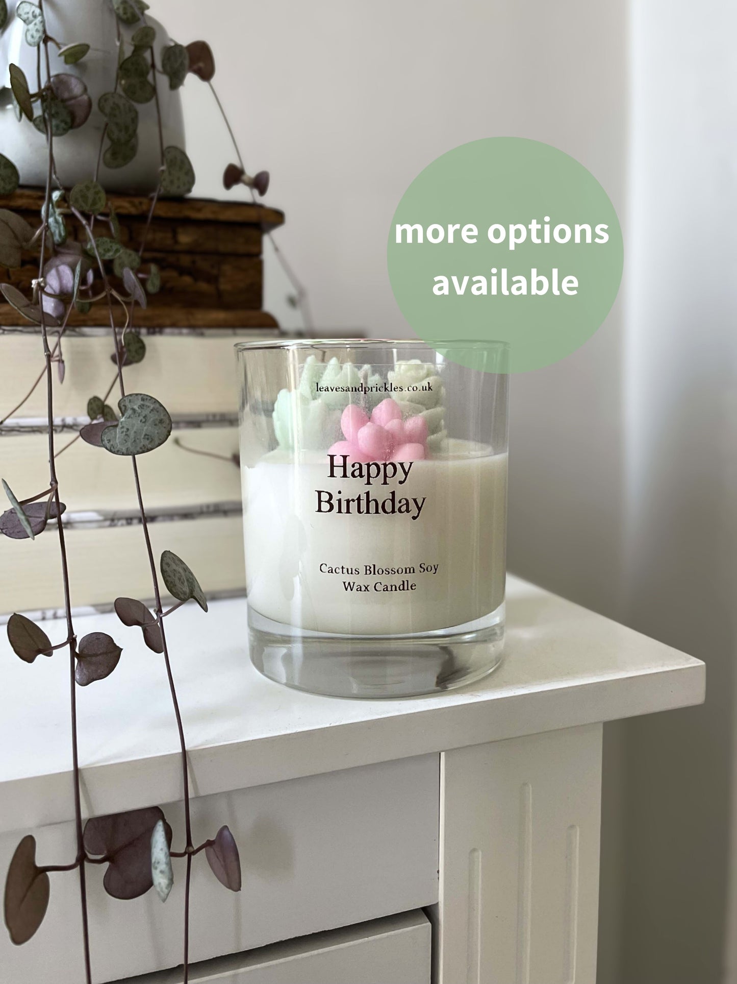 pink and green birthday terrarium candle in glass jar