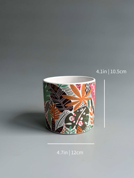 Colourful Botanical Print Indoor Ceramic Plant Pot – H: 10.5cm D: 12cm
