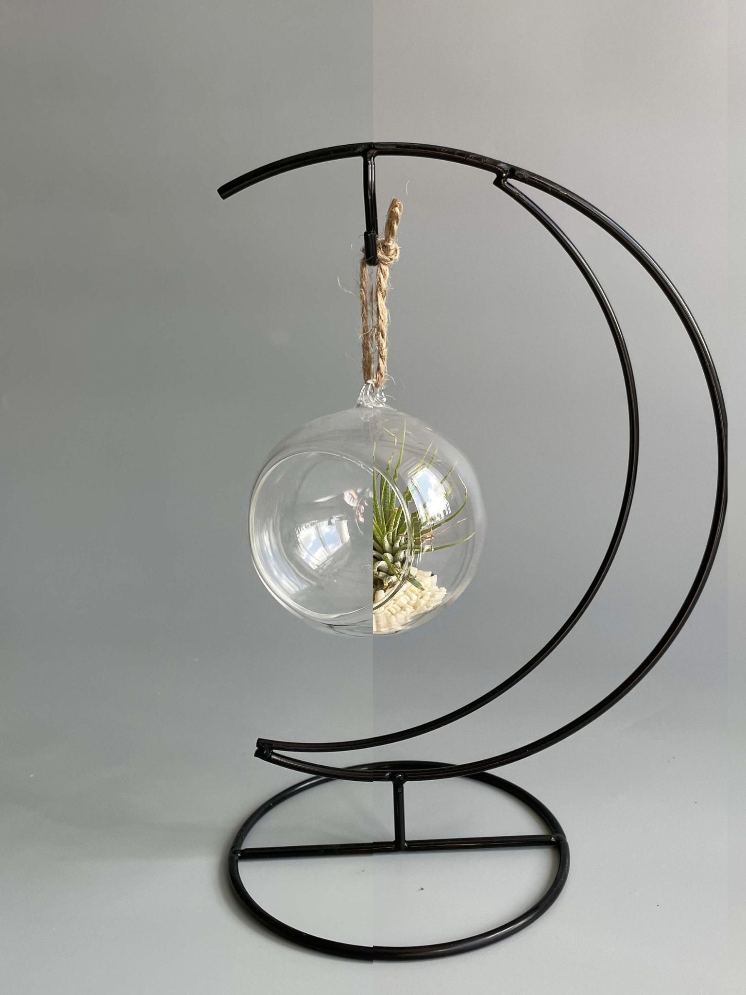 Decorative hanging plant holder with glass sphere and metal crescent moon stand on a plain background