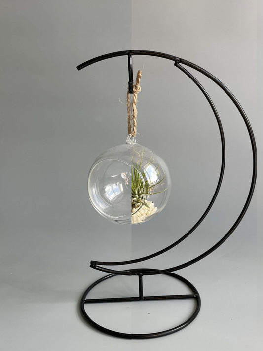 Decorative hanging plant holder with glass sphere and metal crescent moon stand on a plain background