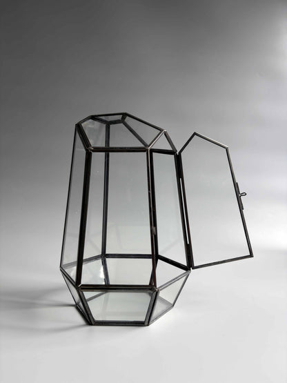 Geometric Glass Terrarium Container with Door -  H: 25cm D: 18cm