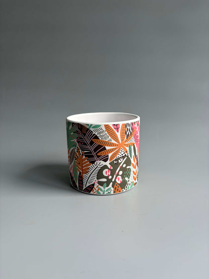 Colourful Botanical Print Indoor Ceramic Plant Pot – H: 10.5cm D: 12cm