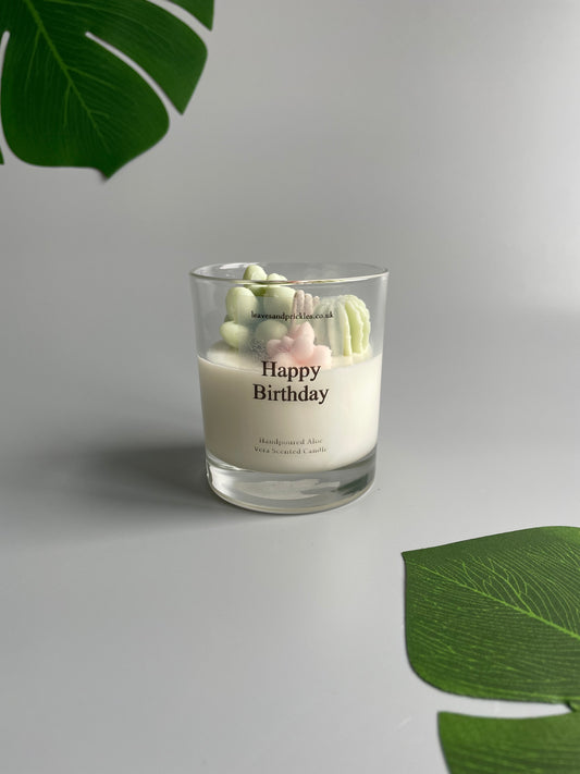 Happy Birthday Cacti and Succulents Terrarium Candle in Clear Glass Jar (pink)