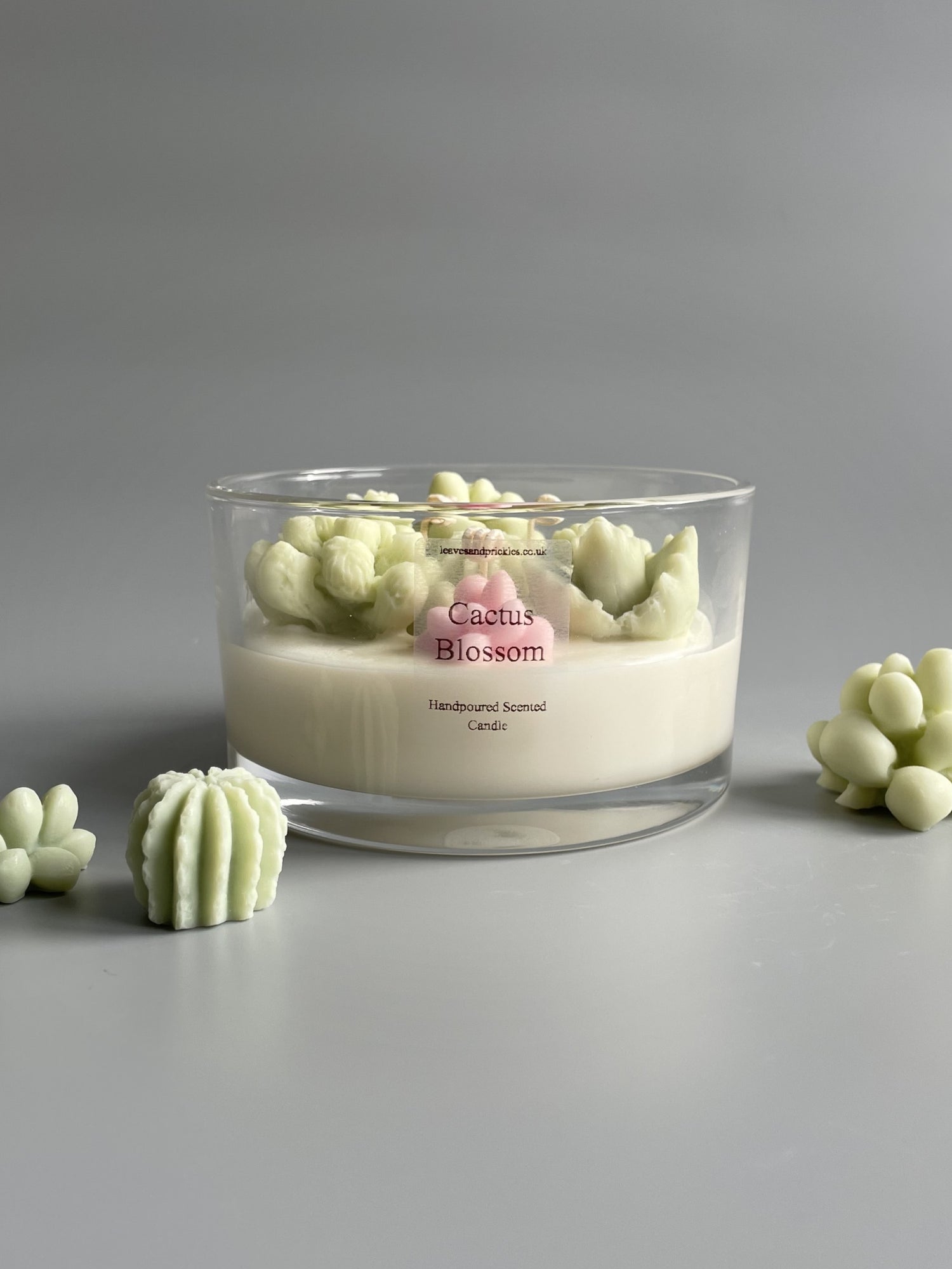 large cacti and succulents terrarium candle pink and green 