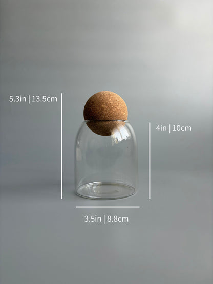 Small Glass Terrarium Container with Round Cork Lid - H: 13.5cm D: 8.8cm
